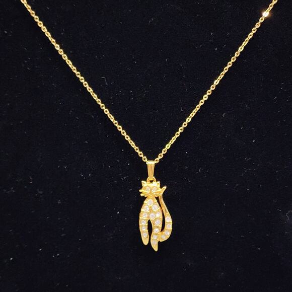 Sparkling Kitty Cat Pendant Necklace GT w Clear Rhinestones Vintage Avon 1990's - Picture 2 of 16